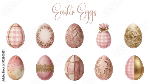 Vintage Pink and Gold Easter Egg Clipart Collection with Floral and Gingham Designs