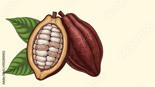 Hand drawn illustration of a whole dark brown cacao pod and a halved one revealing white cocoa beans with green leaves.