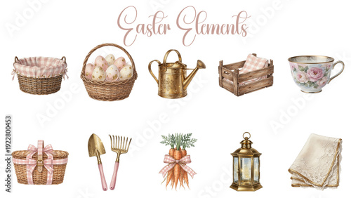 Vintage Watercolor Easter Elements Clipart Collection with Baskets, Gold Decor and Rustic Spring Objects