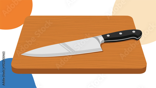 Professional chef's knife with a black handle lying on a wooden cutting board against a modern abstract background.