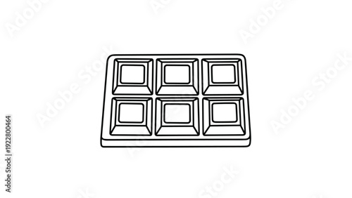 Simple black and white line drawing of a small chocolate bar divided into six squares isolated on a white background.