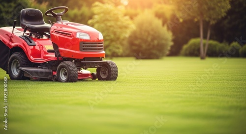 Red riding lawn mower on freshly cut green grass, sunny backyard setting