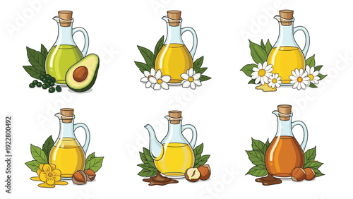Set of glass jars filled with different types of vegetable oils including avocado, chamomile, sunflower, and hazelnut oils.