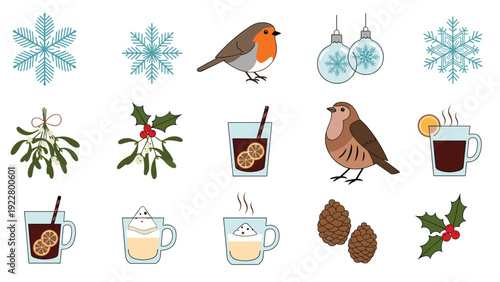 Festive collection of winter icons including robins, mistletoe, mulled wine, snowflakes, and pinecones for holiday designs.