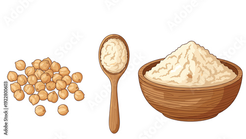 Chickpea flour in a bowl and on a spoon is displayed with a small pile of dried chickpeas on a white background for cooking.