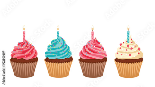 Assorted delicious cupcakes with pink, blue, and white frosting decorated with sprinkles and candles are lined up for a party.