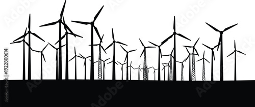 Wind turbines silhouette landscape showing renewable energy farm, eco power generation concept, black vector illustration isolated background