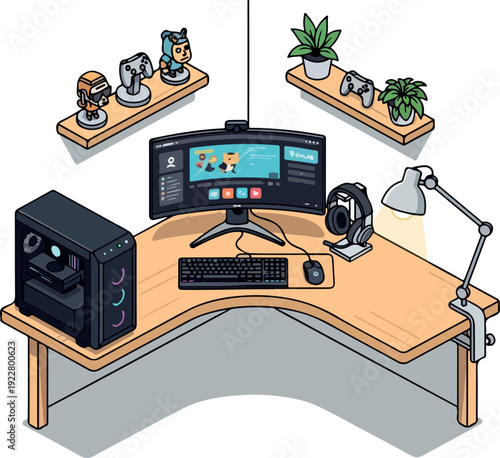 Modern office desk setup with computer, peripherals, and plants from a slightly elevated viewpoint