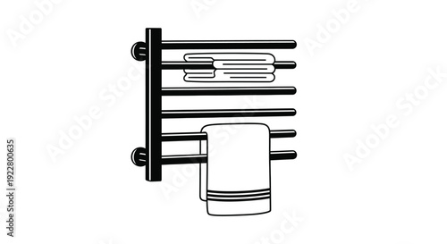 Black towel warmer with folded and hanging white towels bathroom fixture