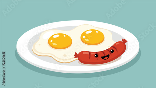 Cheerful breakfast plate featuring two sunny-side up eggs and a smiling sausage character on a light blue background.
