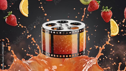Fruit and liquid splash around a film reel against dark background