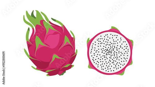 Exotic dragon fruit shown as a whole bright pink fruit and a cut half revealing white flesh with small black seeds.