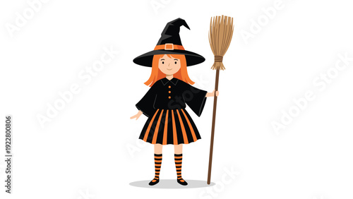 Little girl dressed as a witch for Halloween standing with a wooden broomstick and wearing a traditional pointy black hat on a white background.