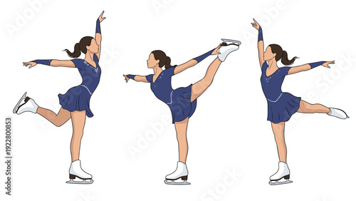 Professional figure skater illustrated in three different dynamic poses wearing an elegant blue dress and white skates on white background.