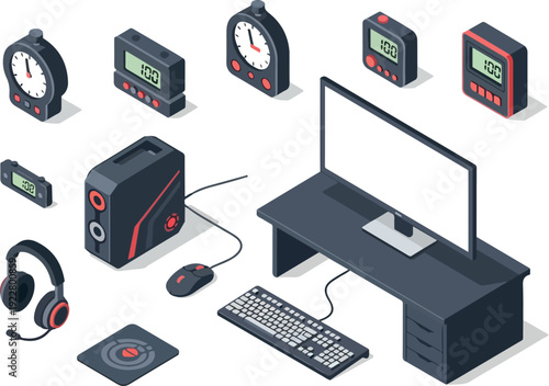 Modern computer workstation setup with various electronic devices and peripherals on a sleek office desk viewed from a slight angle