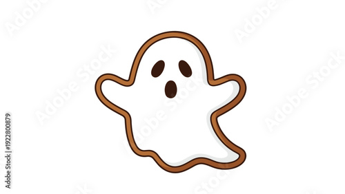 Simple and cute illustration of a white ghost with a brown outline making a surprised expression against an isolated white background.