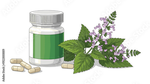 Herbal medicine concept featuring a white container with green label, sage flowers, and natural botanical capsules on a white surface.