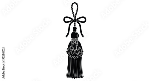 Black and white illustration of a decorative tassel with a bow