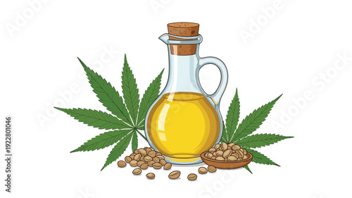 Bottle of natural hemp oil with cork stopper surrounded by green cannabis leaves and seeds isolated on a white background for health.
