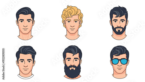 Set of six male portraits showing diverse facial hair styles, hairstyles, and accessories like blue sunglasses on a white background.