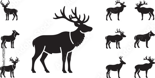 Deer Silhouette Set with Antlers Wild Stag and Elk Black Vector Collection.