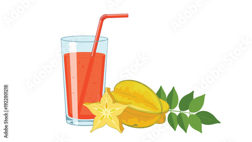 Tall glass of orange star fruit juice with a red straw next to a whole carambola and a sliced piece on a white background.