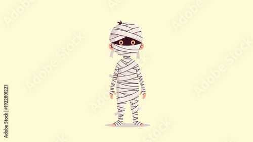 Cartoon illustration of a small child dressed as a mummy in white bandages for Halloween celebrations on a yellow background.