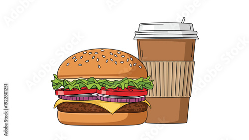 Large gourmet beef burger with layers of cheese, lettuce, onion, and tomato next to a tall takeaway coffee cup on white background.