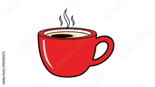 Simple red ceramic cup filled with hot steaming coffee showing a dark surface with light foam isolated on a white background.
