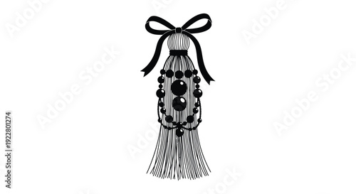 Black and white illustration of a beaded tassel with a bow