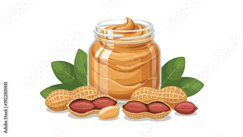 Jar of creamy peanut butter surrounded by whole peanuts in shells and green leaves on a white background for food advertising.