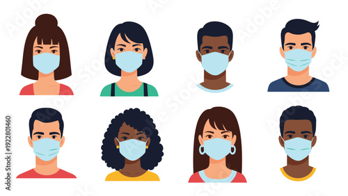 Set of diverse male and female avatars wearing medical face masks to show social responsibility during a pandemic situation.