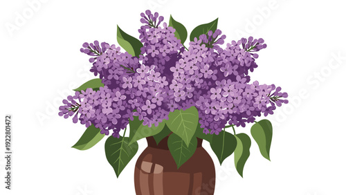 Lush bouquet of purple lilac flowers in a dark brown ceramic vase isolated on a white background for home decor or gifts.