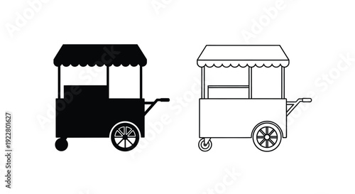 Two food cart illustrations one black one white outline version