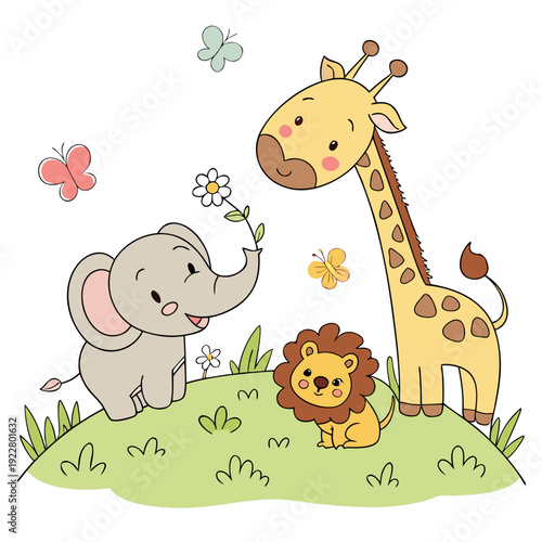 Elephant offers flower to giraffe and lion.