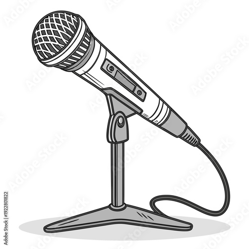 Dynamic microphone on a stand with coiled cable. Retro illustration of a broadcast or performance audio device for music and podcasting.