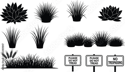 Black silhouette garden plants and warning sign vector set with grass bushes flowers and no trespassing signage collection