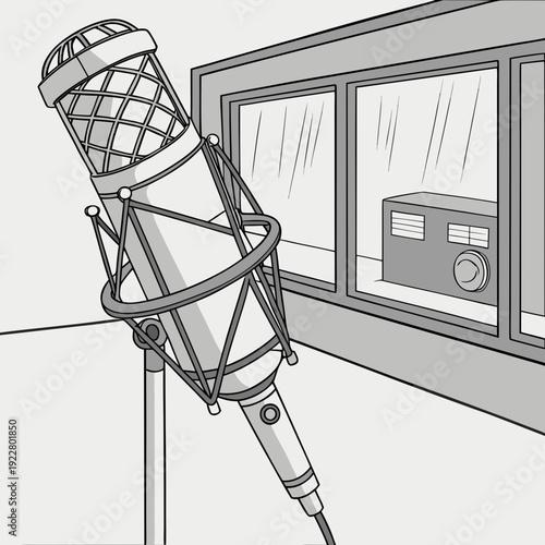 Studio microphone in a soundproof room with monitor speaker. Illustration for audio production, voiceovers, and recording studio.