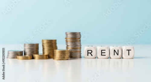 Wallpaper Mural Stacks of coins next to "RENT" dice against a soft blue backdrop, symbolizing expenses Torontodigital.ca