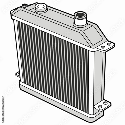 Automotive radiator and cooling system component. Isometric illustration of a car part for mechanics, repair, and vehicle maintenance.