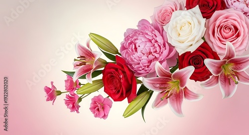 A vibrant bouquet of flowers with pink, red, and white blooms in full blossom