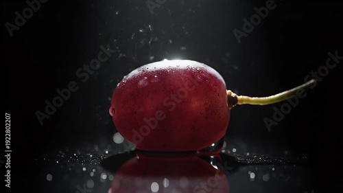 Single red grape with water droplets, glistening, with a dark background