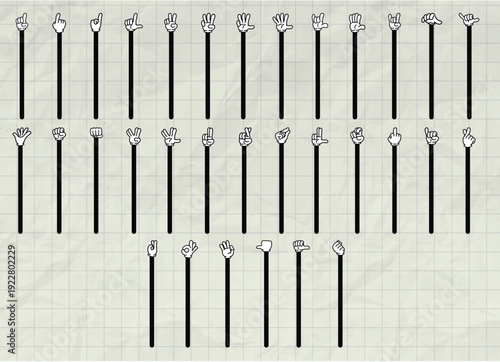 Cartoon hand gestures collection with white gloves and black arms on paper background