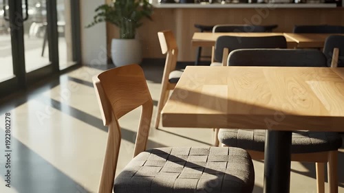Interior view of a modern cafe with wooden chairs and tables in sunlight