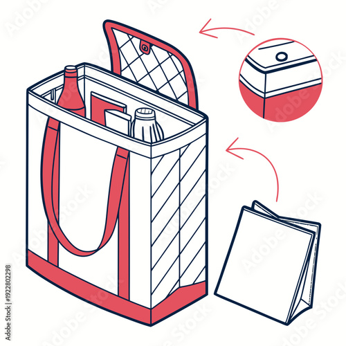 Illustration of a tote bag filled with items like bottles and books, with arrows pointing to a closed lid and a folded bag, suggesting organization and packing.