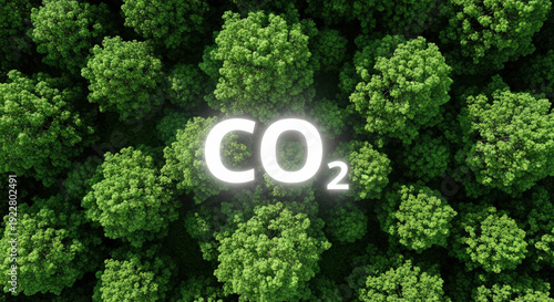 Carbon Dioxide CO2 Emission Reduction Trees in Forest Concept for Environmental Sustainability Climate Change Green Initiative Global Warming