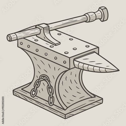 Vintage anvil and hammer illustration, symbolizing blacksmithing, metalwork, and craftsmanship, on a textured background.