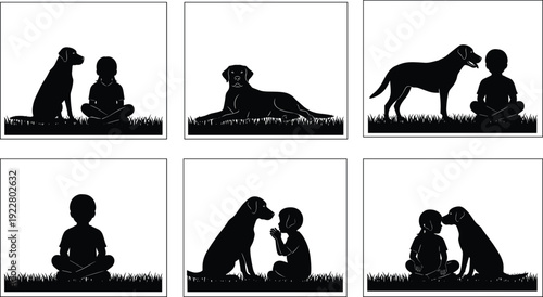 Child and dog silhouette vector illustration set showing friendship bonding moments in outdoor grass scene collection