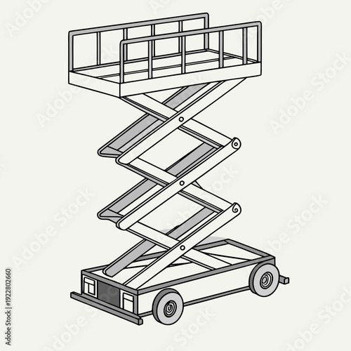 Vector illustration of a self-propelled scissor lift with wheels, showing its elevated platform and sturdy mechanism, ideal for logistics and industry.