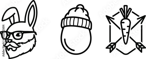 Simple black and white illustrations of rabbit head beanie and carrot